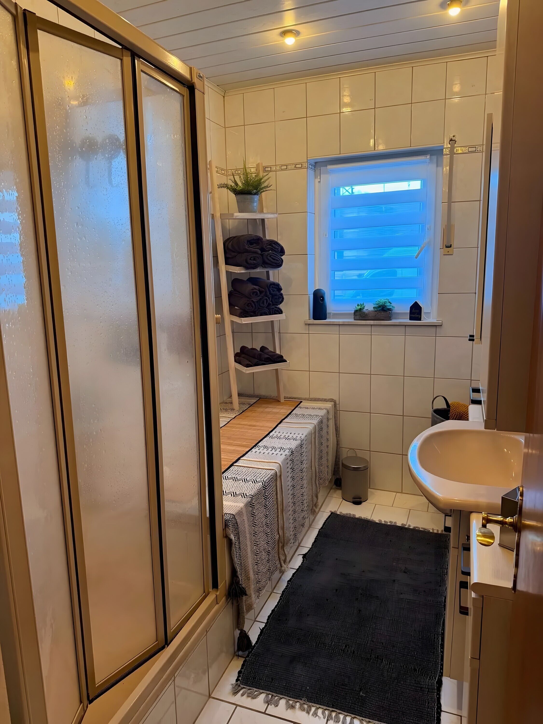 Shower, free toiletries, hair dryer, towels