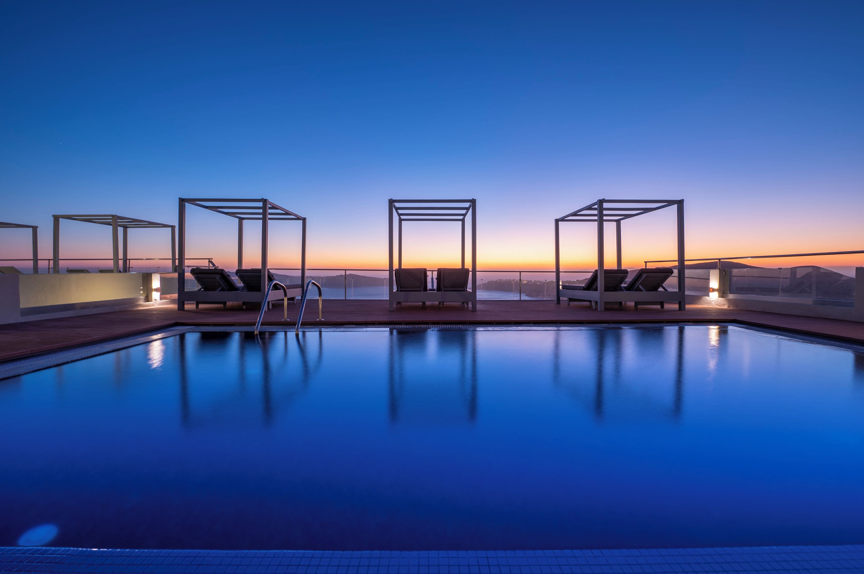 Seasonal outdoor pool, pool loungers