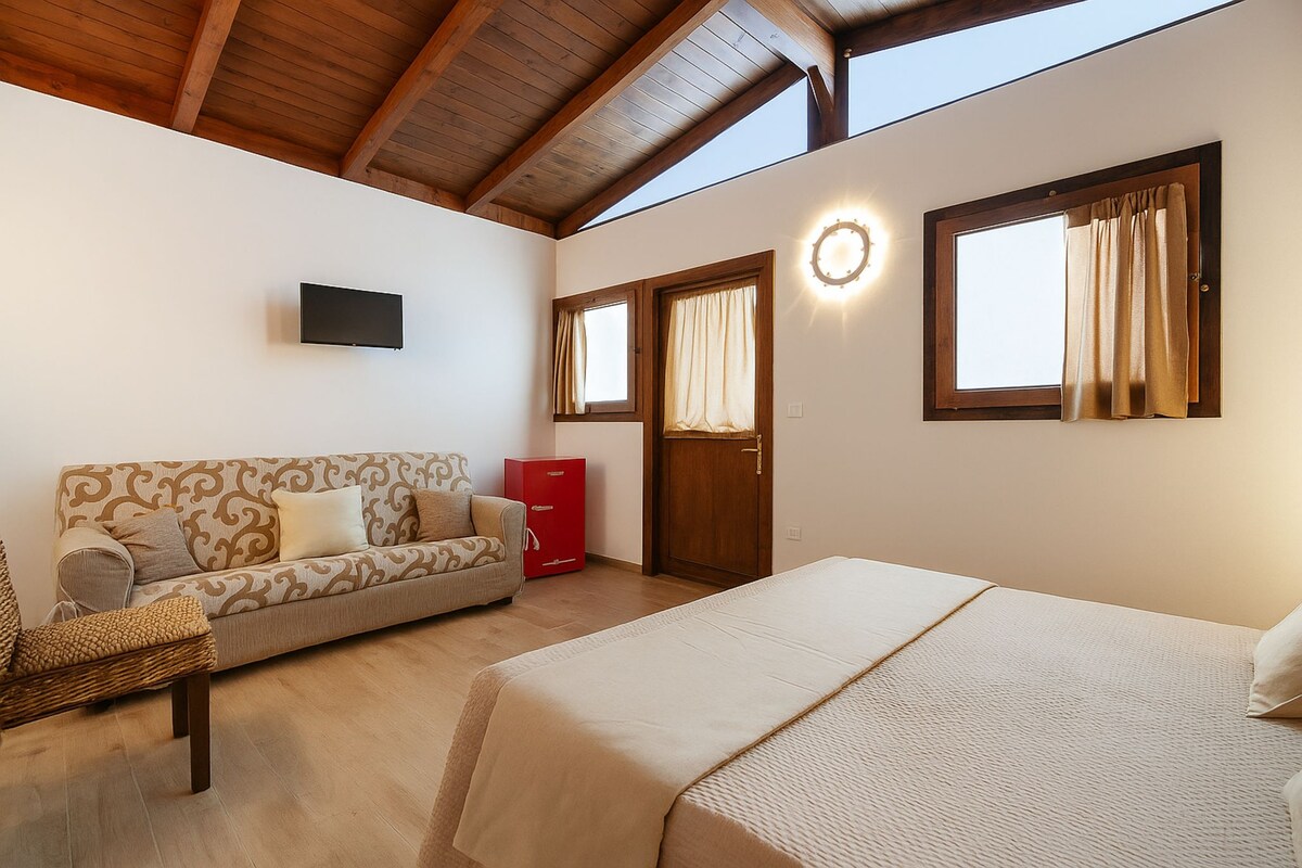 Ein Schlafzimmer mit Bett, einer Couch, einem Fernseher und einem Kleiderschrank.