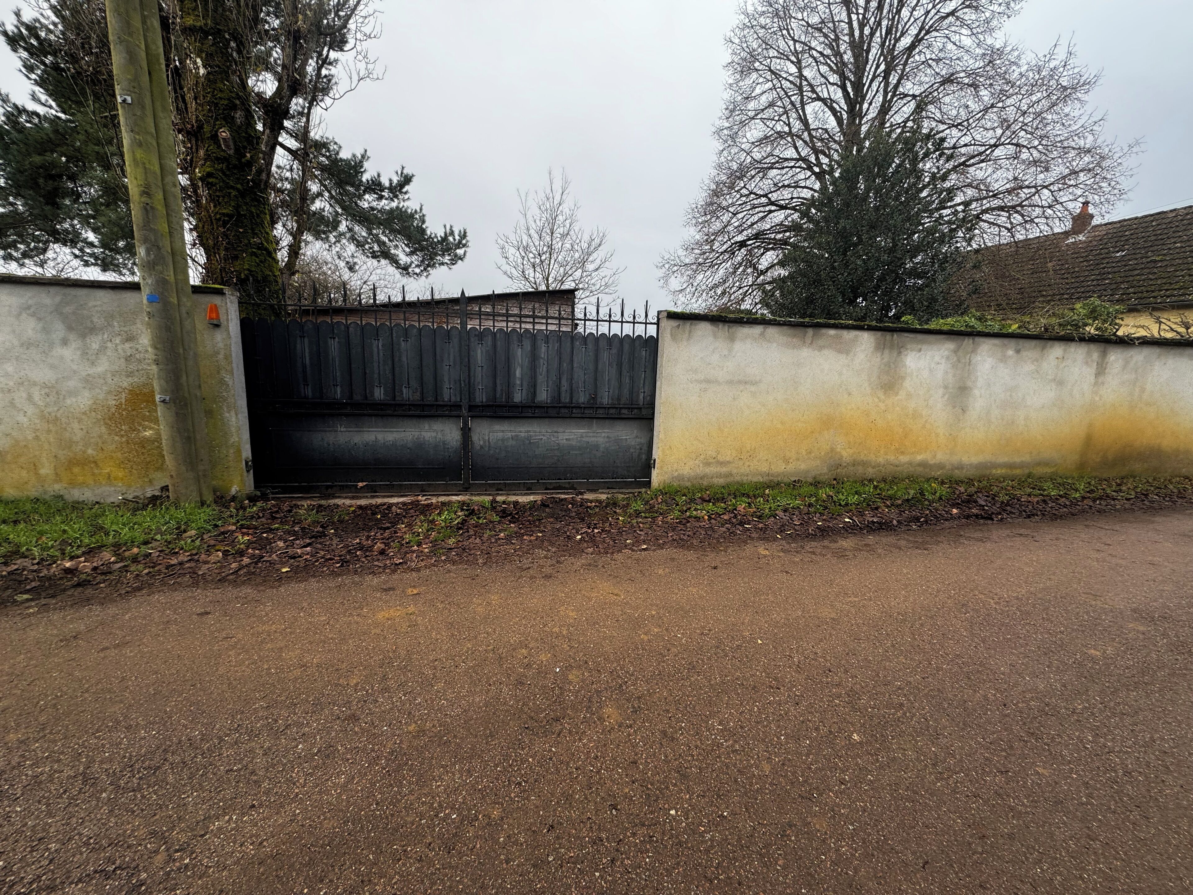A gated entrance with a metal gate, a concrete wall, and a paved driveway.