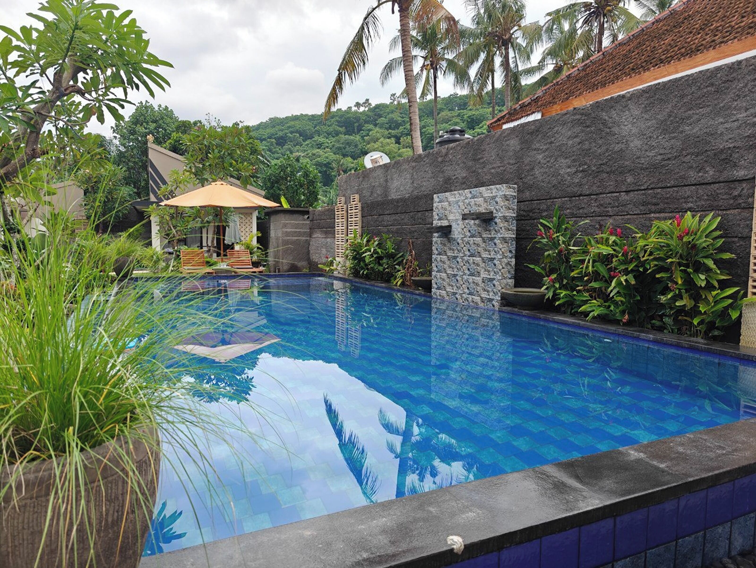 A swimming pool with a stone wall and a small structure with a roof.