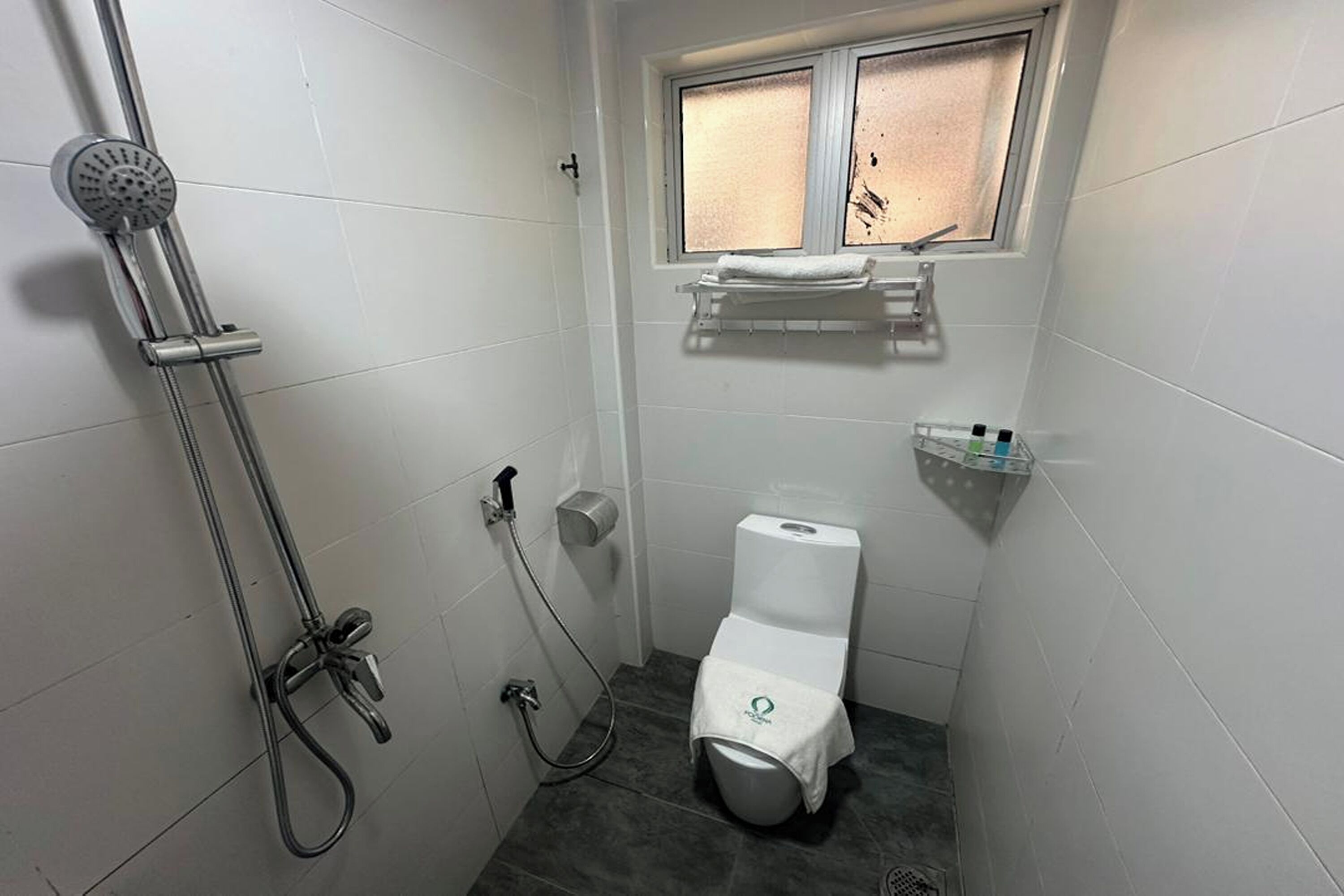 Une petite salle de bain moderne, équipée d’une douche, de toilettes et d’un porte-serviettes.