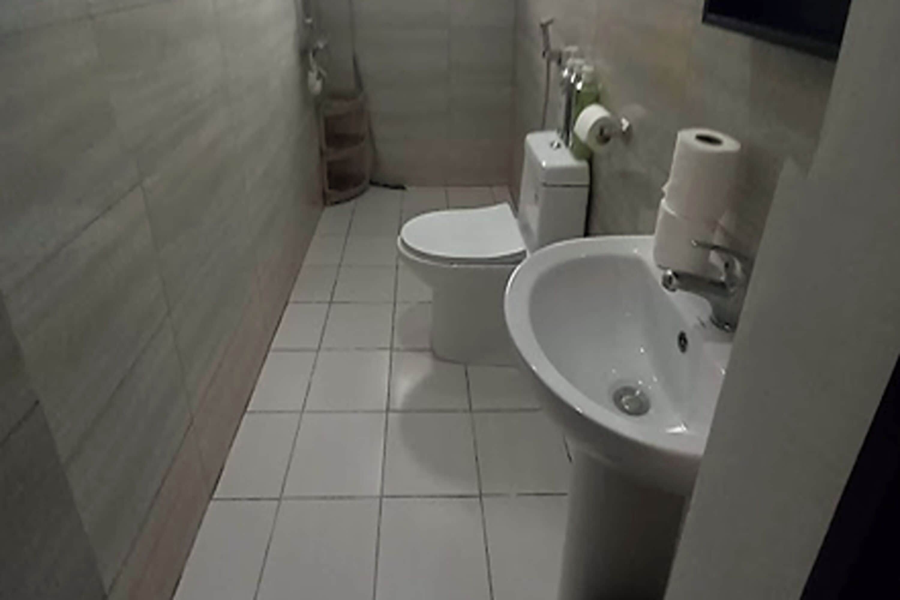 A small, clean bathroom with a toilet, sink, and shower.
