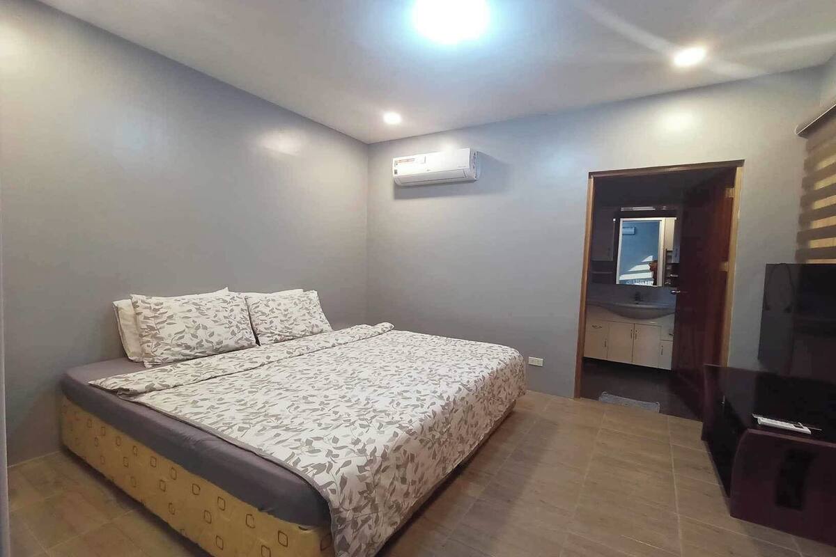 A bedroom with a bed, an air conditioner, a wooden door, and a TV.