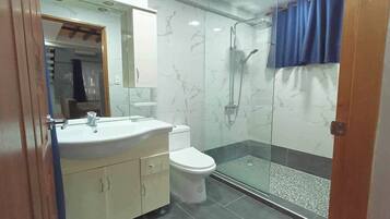 Un baño con ducha de vidrio, lavamanos blanco y retrete.