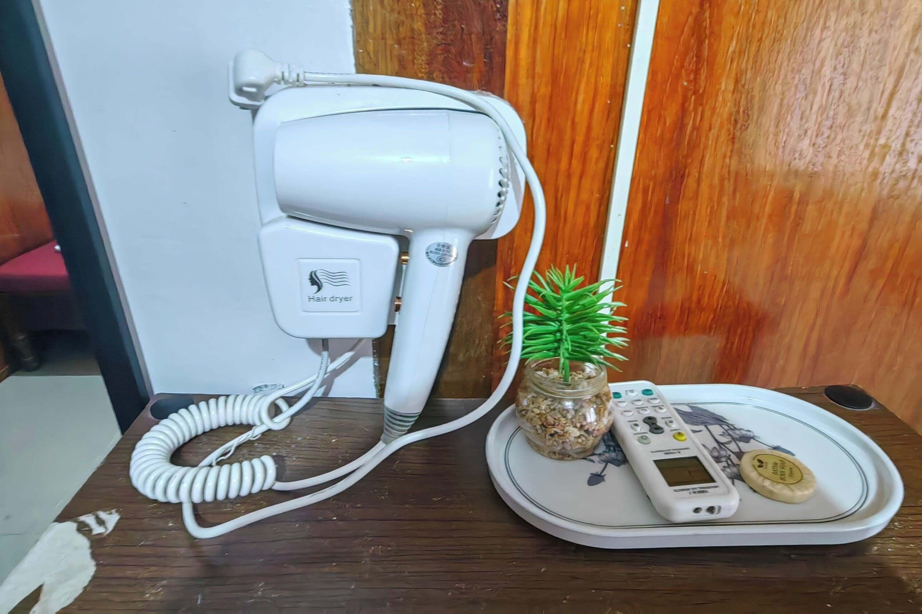 Een haardroger op een houten tafel met een klein plantje en een digitale weegschaal.