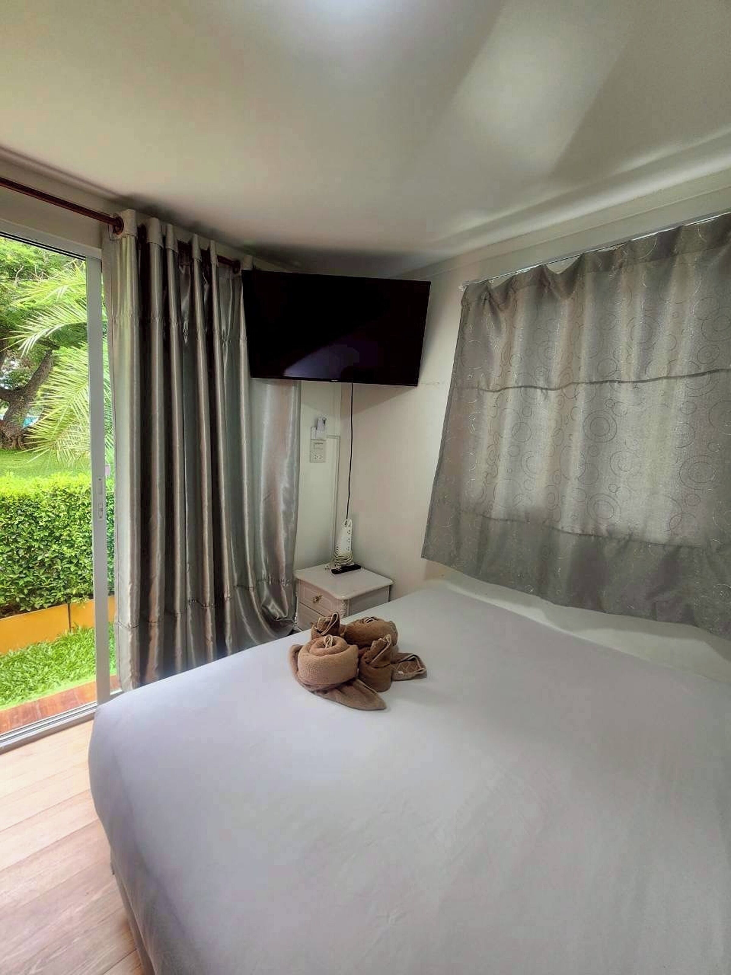 A hotel room with a bed, a TV mounted on the wall, a bedside table with a lamp, and a view of greenery outside.