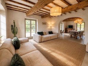 A spacious living area with a high ceiling, a dining area, and a cactus plant.