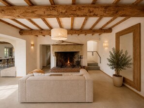 A cozy living room with a fireplace, a sofa, and a potted plant. - Tenuta Seriole (Poppi)