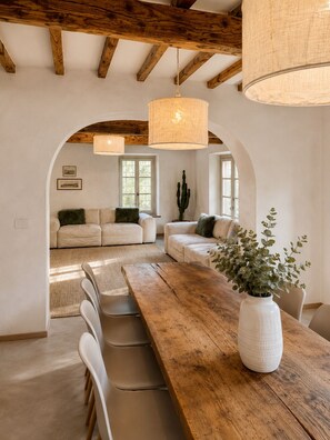 A spacious living area with a wooden dining table, two sofas, and a cactus plant. - Tenuta Seriole (Poppi)