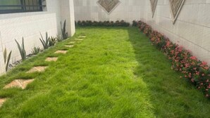 A well-maintained grassy courtyard with a pathway, bordered by plants and flowers, and a white building with decorative tiles and windows. - thiego'sapparthotel (Lomé)