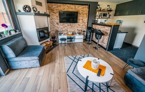 Télévision, cheminée, table de tennis de table