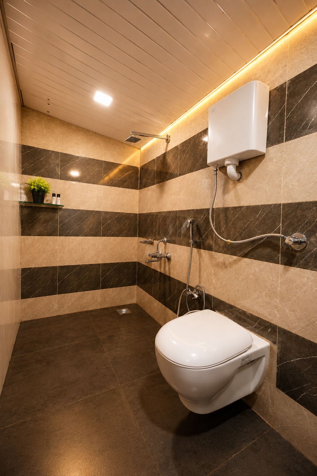 A modern bathroom with a white toilet, a shower area, and a wall-mounted air purifier.