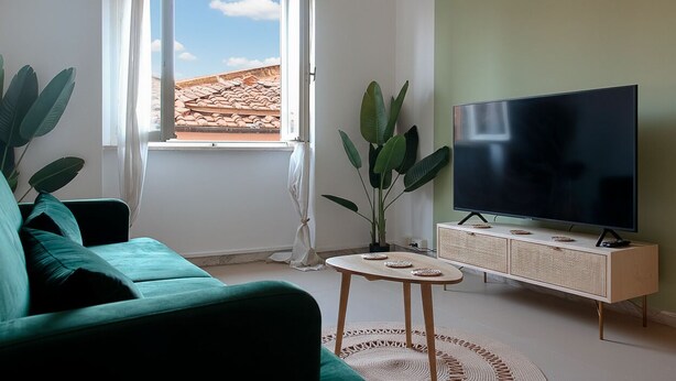 Una sala de estar con un sofá verde, un televisor sobre un mueble de madera, una ventana con vistas a un tejado de tejas y una planta en maceta.