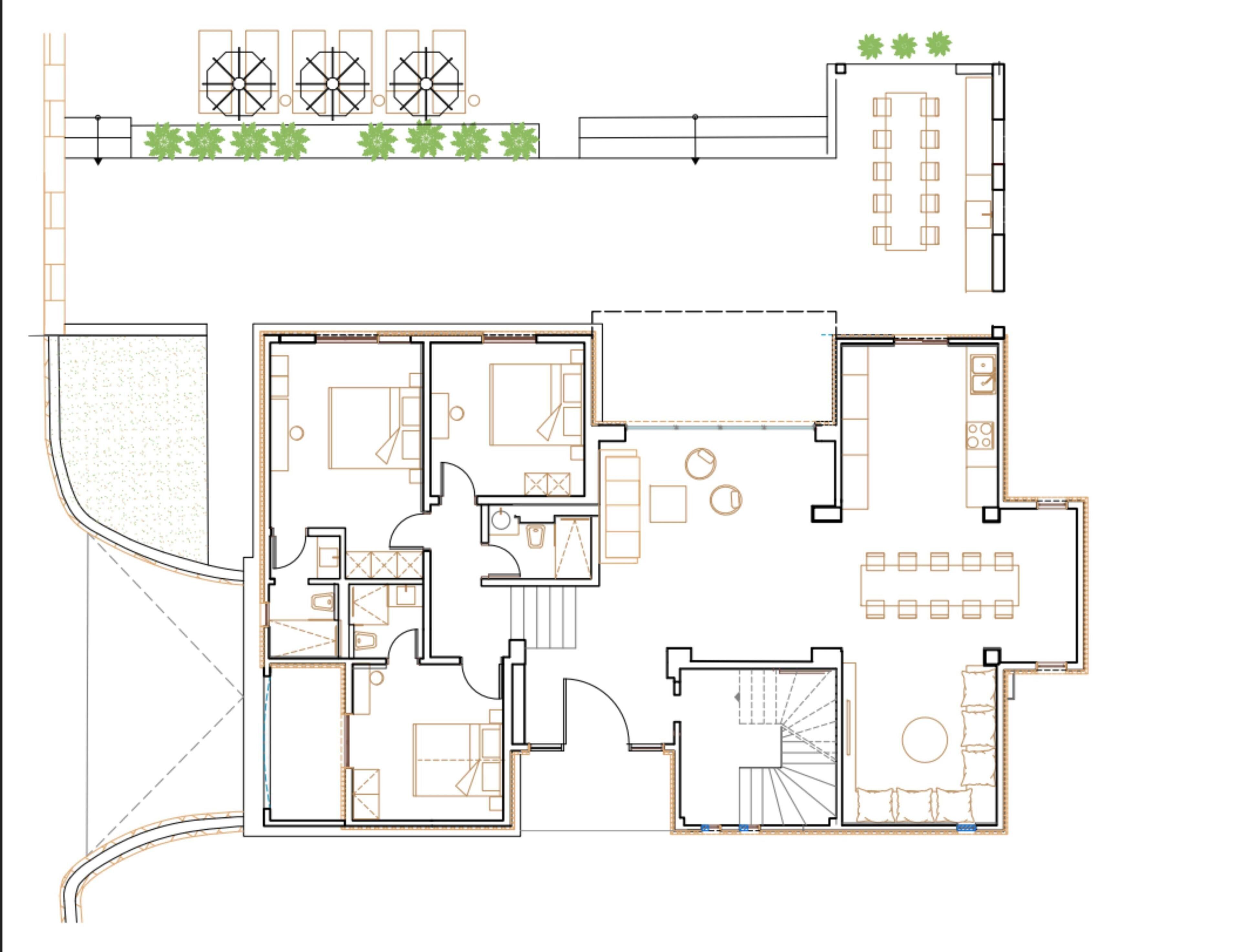 A floor plan with multiple bedrooms, a kitchen, a dining area, and a living room.