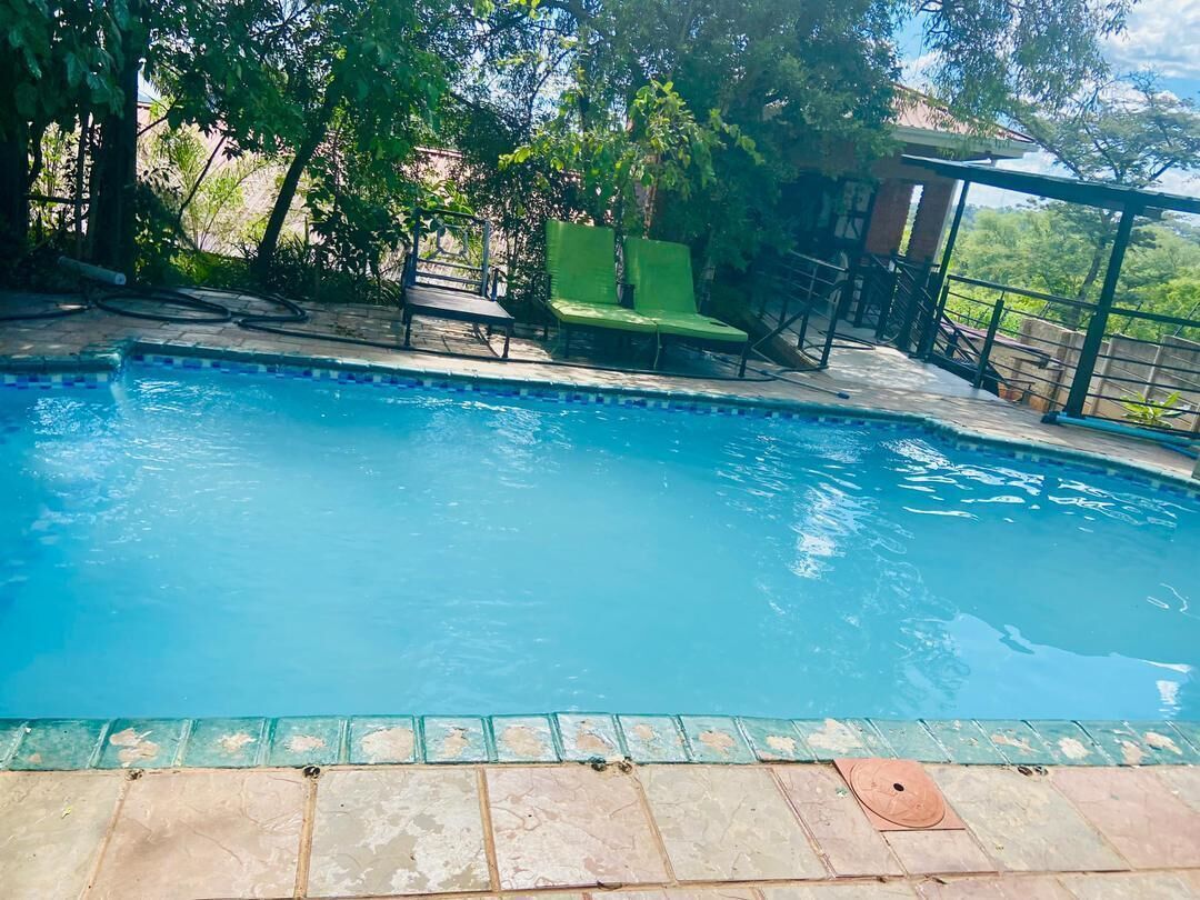 A swimming pool with a tiled edge, surrounded by a stone deck. There are green lounge chairs and a covered seating area.