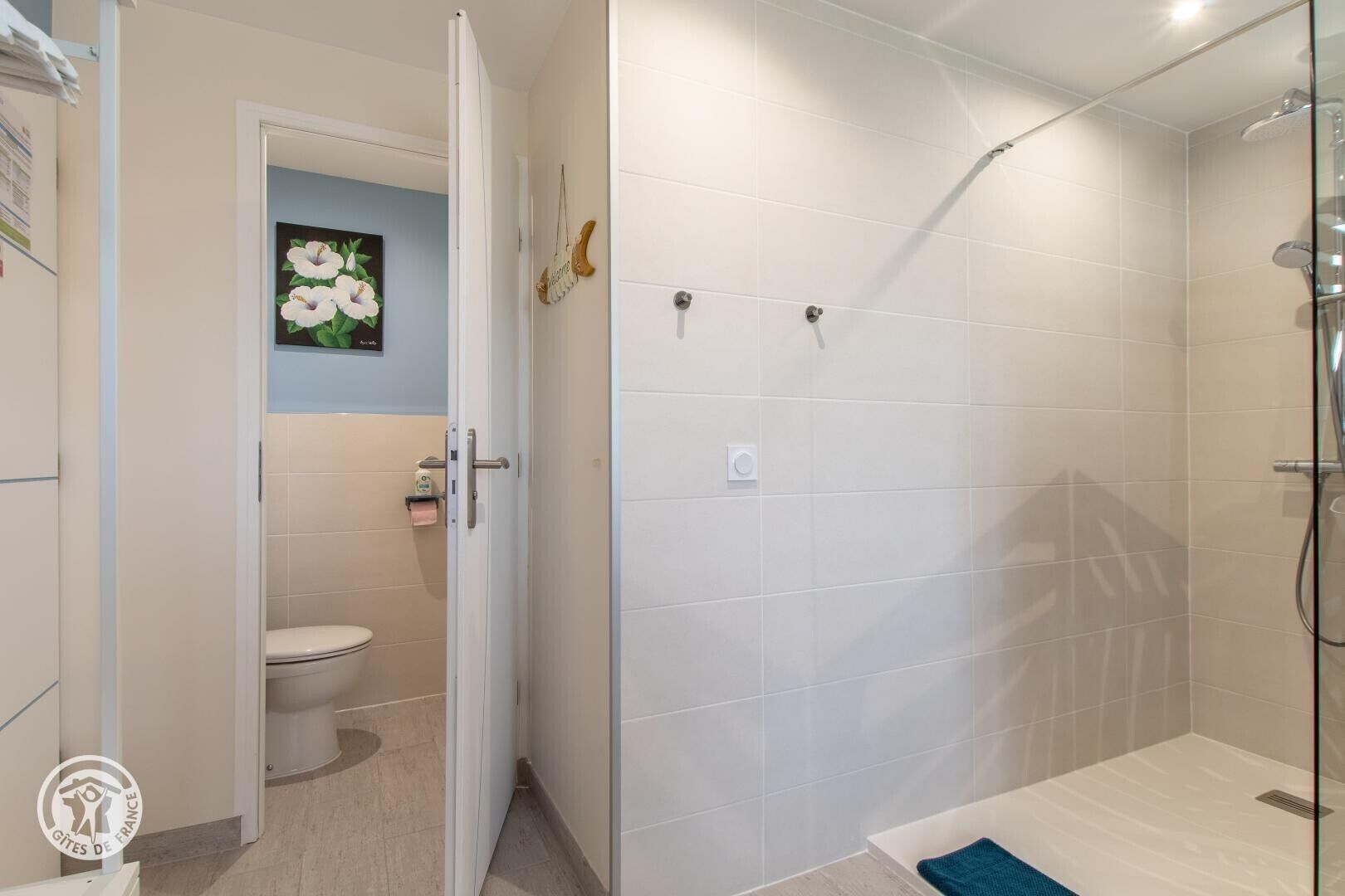Een badkamer met een douche, toilet en een deur naar een andere kamer.
