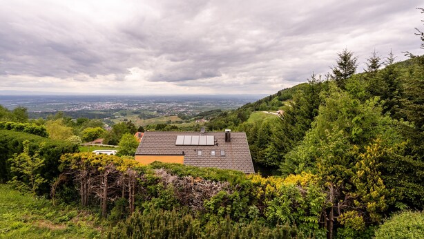 A house with a sloped roof, surrounded by dense greenery and a view of a distant town. - Apartment 'Bergluft' with Rhine Valley View, Private Terrace and Wi-Fi (Sasbachwalden)