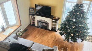Een woonkamer met een open haard, een televisie, een kerstboom en een bank.