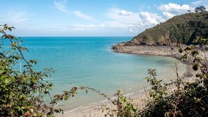 Paesaggio costiero con vista limpida sul mare, una spiaggia sabbiosa e una collina ricoperta di vegetazione.