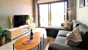 En moderne stue med et fladskærms-tv, en sofa, et sofabord med flaske og glas samt et stort vindue med gardiner.