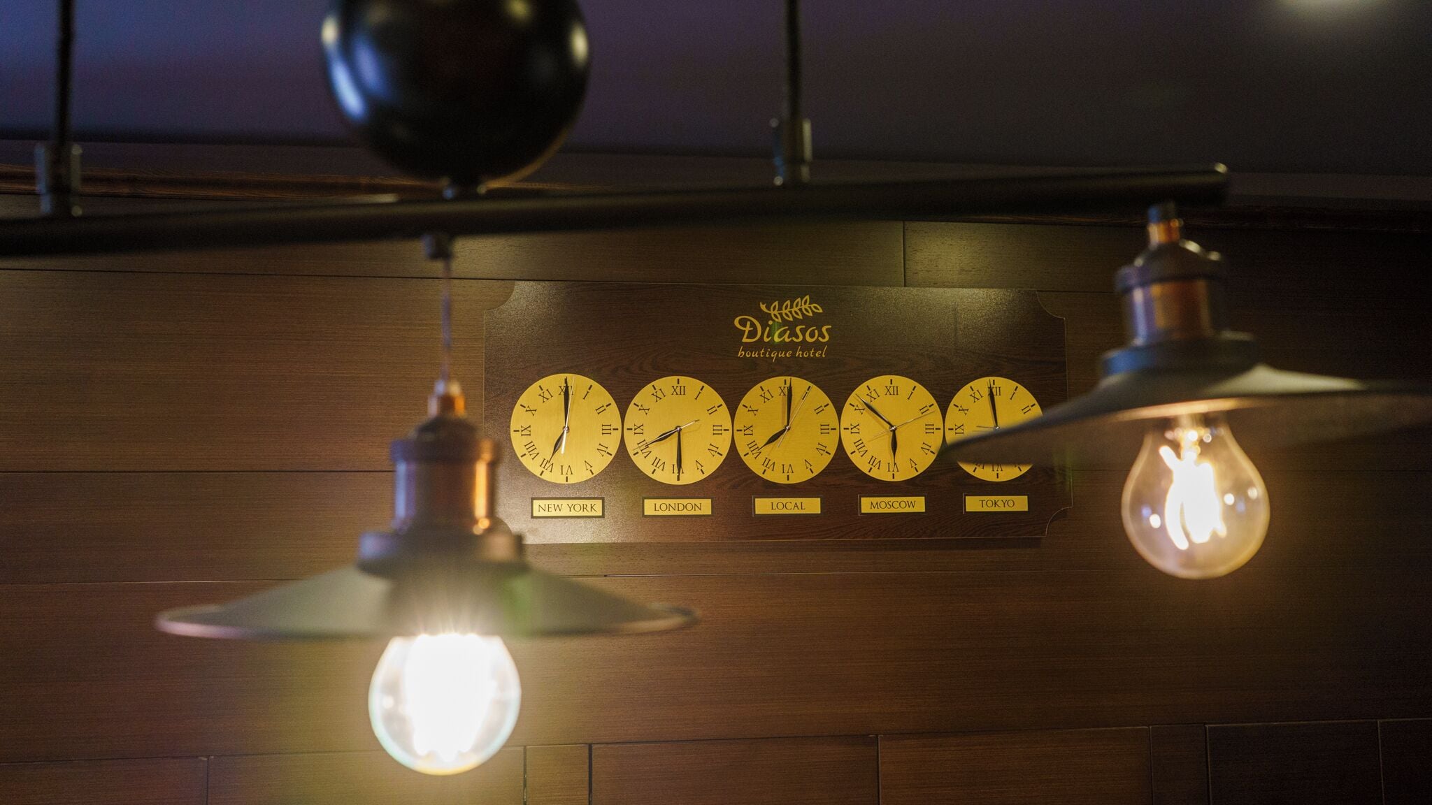 A wall with clocks labeled 'New York,' 'London,' 'Local,' 'Moscow,' and 'Tokyo.'