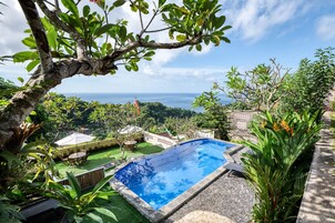 Una piscina rodeada de abundante vegetación y vistas al océano.