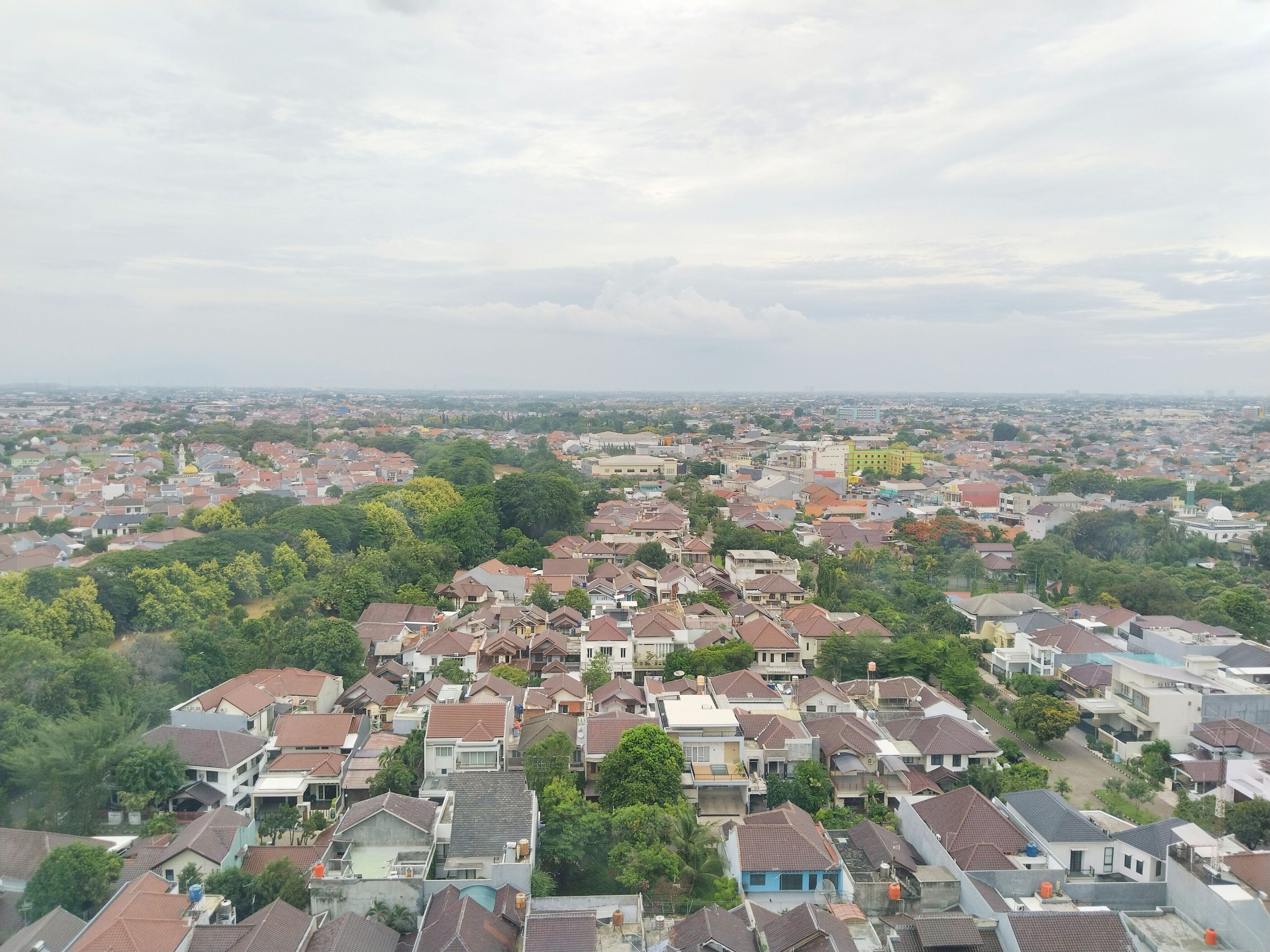 A residential area with houses and greenery.