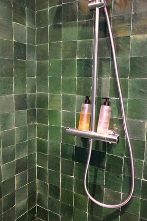 Ducha, secador de pelo, toallas y jabón