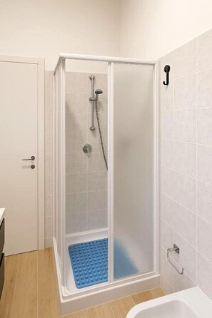 Shower, hair dryer, bidet, towels