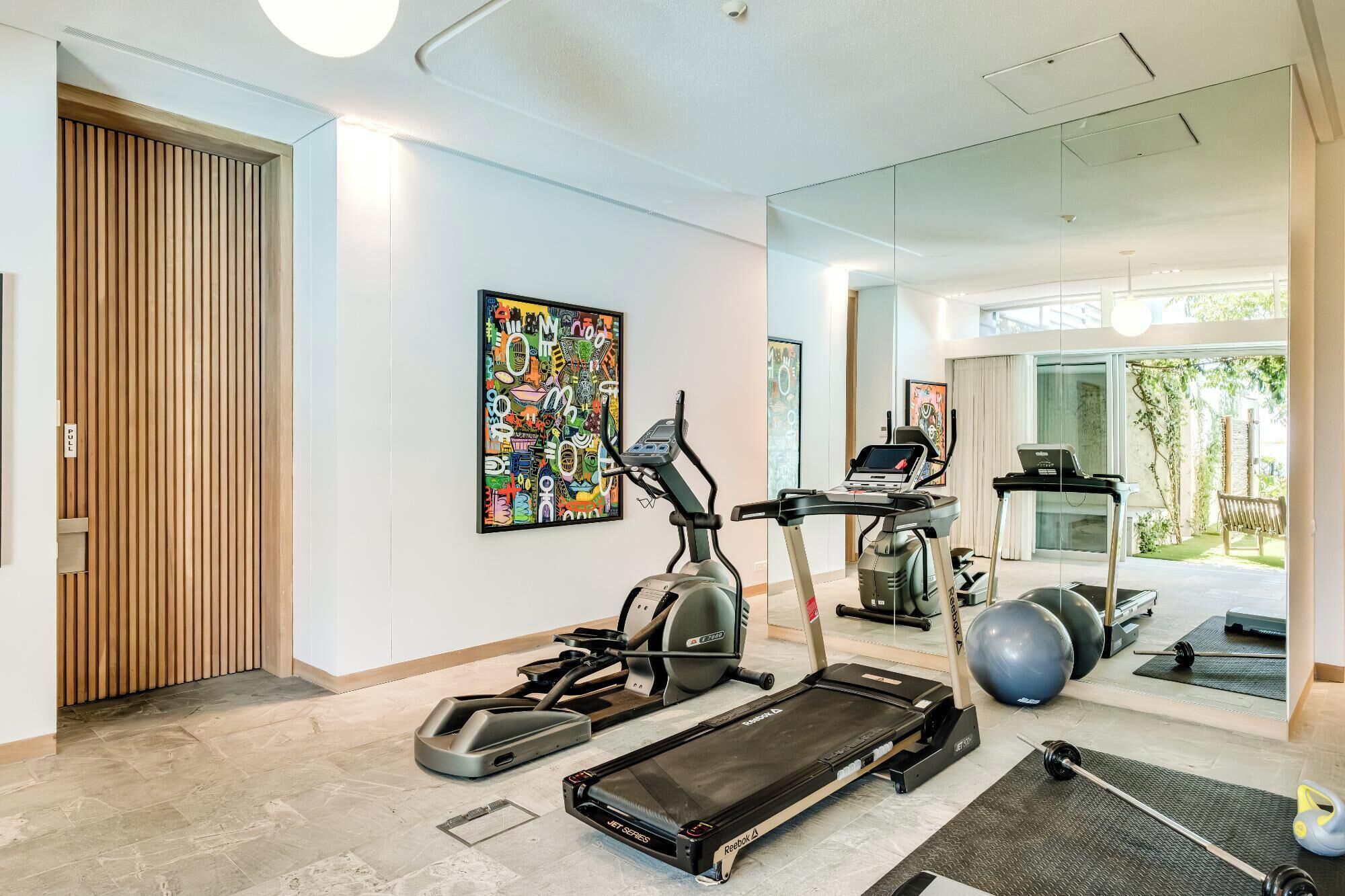 A home gym with treadmills, elliptical machines, and exercise balls.