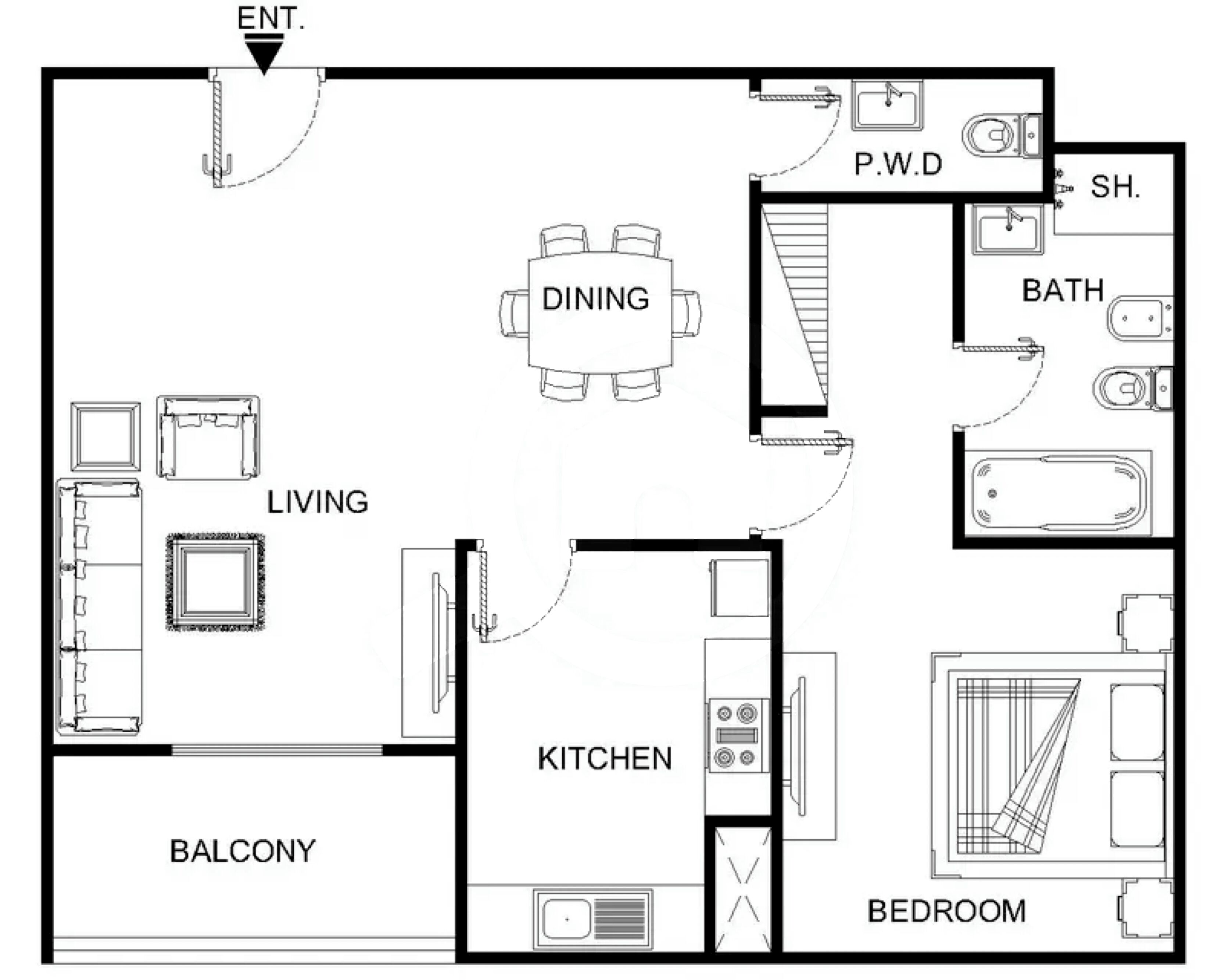 Plattegrond met een woonkamer, eetgedeelte, keuken, balkon, slaapkamer, badkamer en een P.W.D.