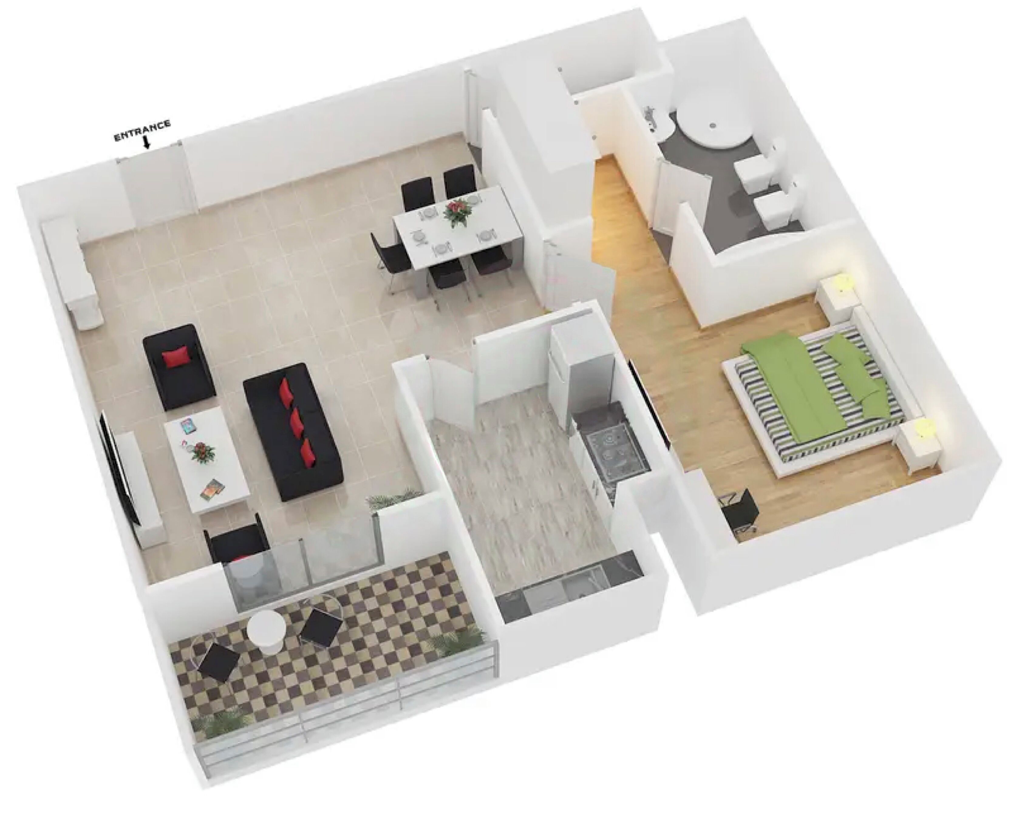 A 3D floor plan of a hotel room with a dining area, a living room, a bathroom, and a small balcony.