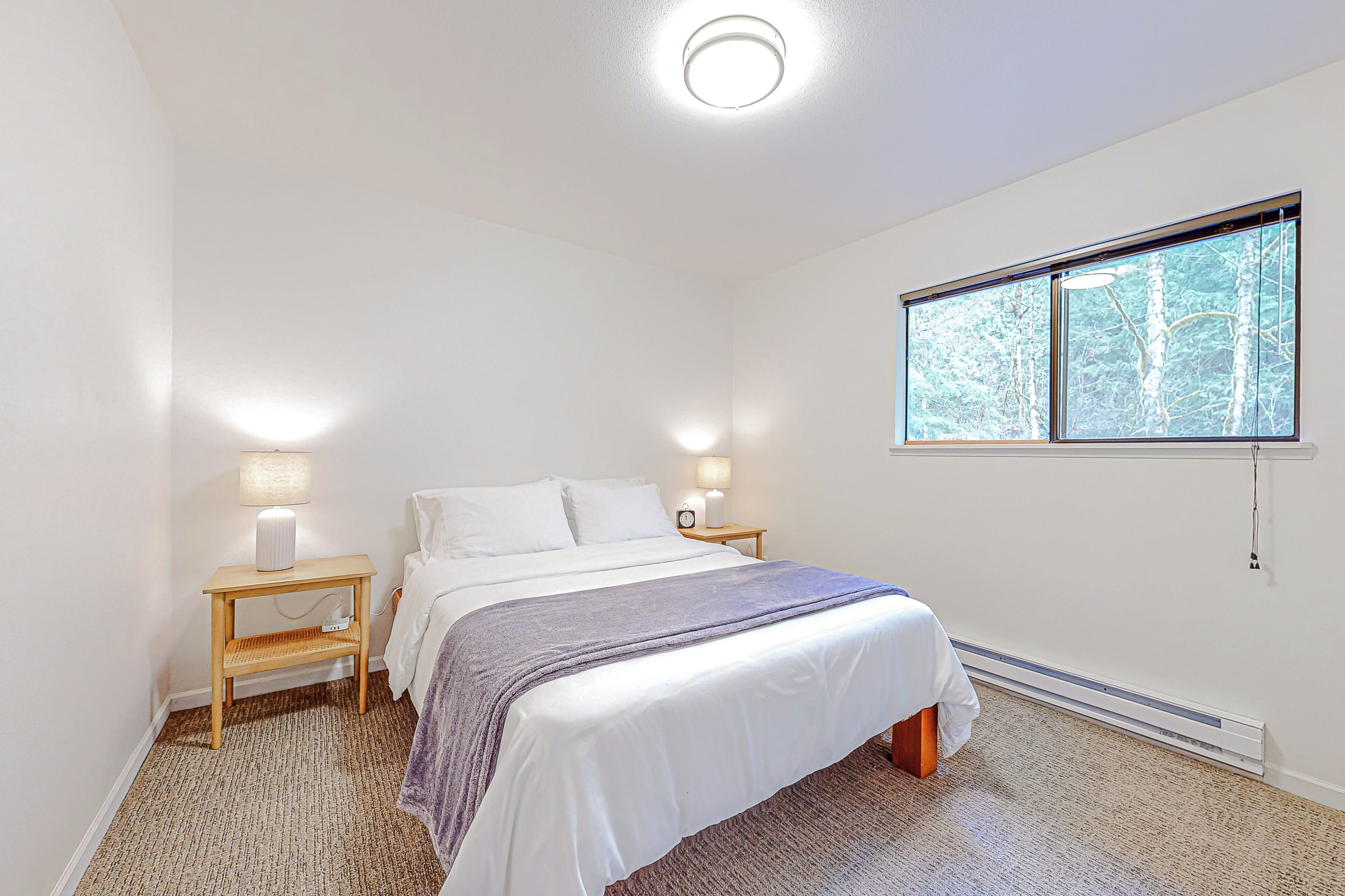 A bedroom with a bed, two bedside tables with lamps, a window with a view of trees, and a ceiling light.