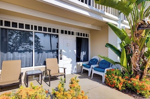 A covered outdoor seating area with chairs and a table, a sliding glass door, and a large plant with broad leaves.