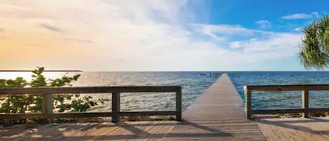 A wooden boardwalk leading to a body of water, with railings on both sides.