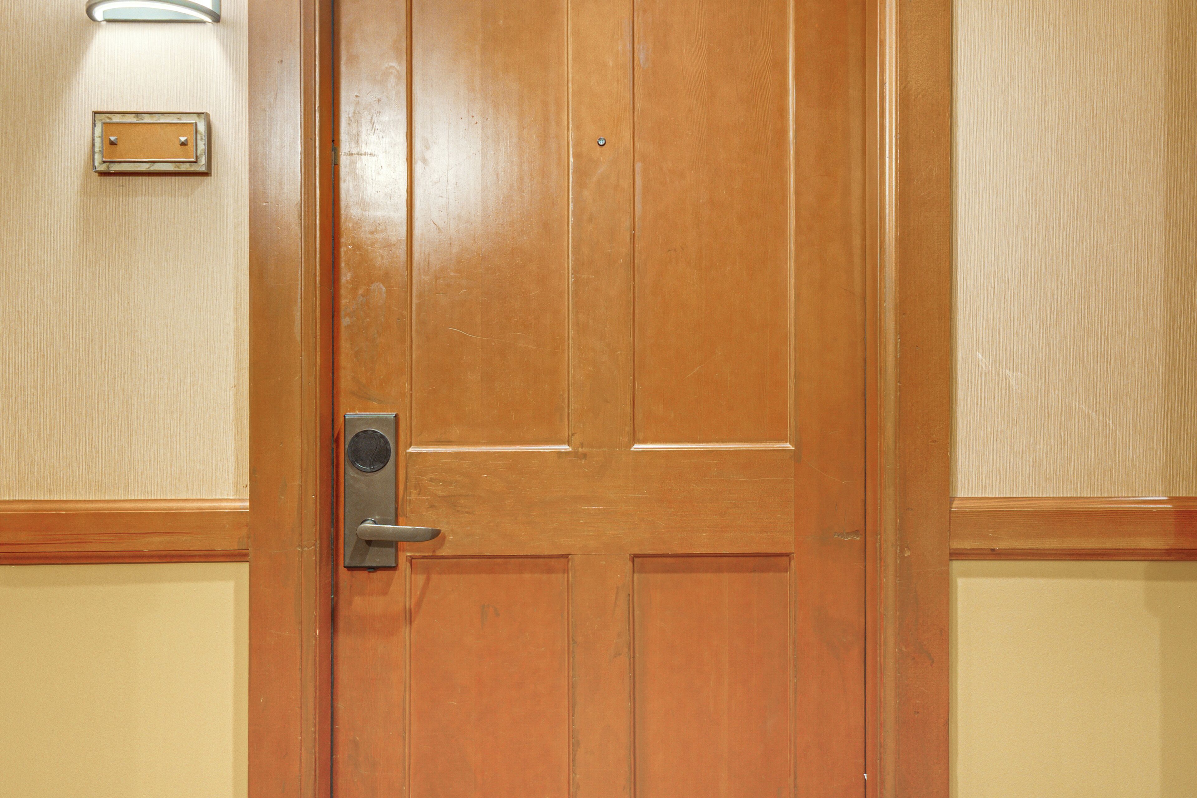 A wooden door with a handle and a lock, a light switch, and a wall panel.