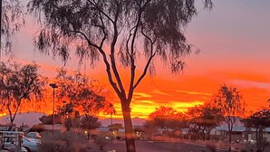 A parking lot with trees and a sunset in the background. - Manufactured w/ Pools, Hot Tubs, Pickleball, AC (Surprise)