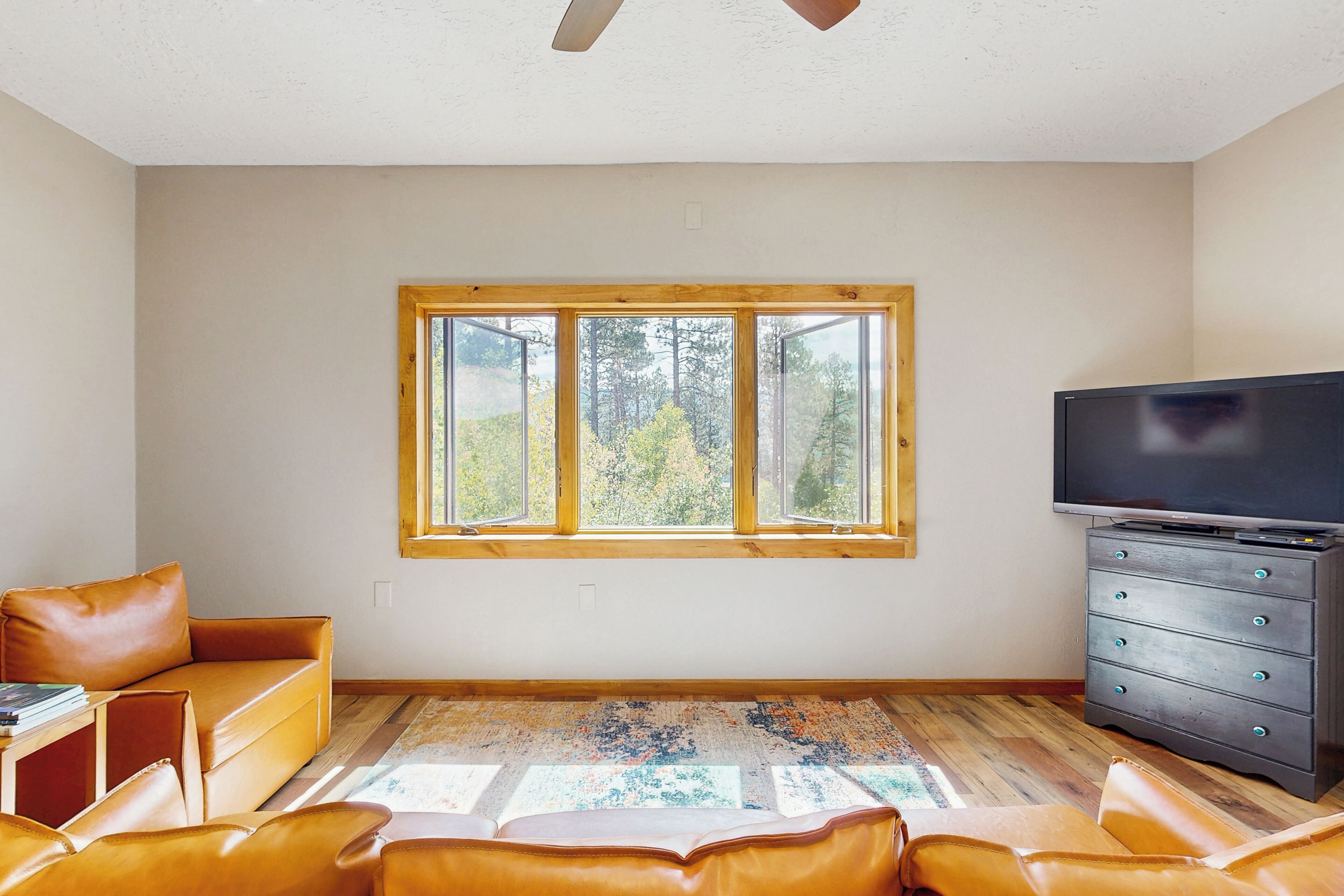 A living room with a large window, a television, and leather furniture.