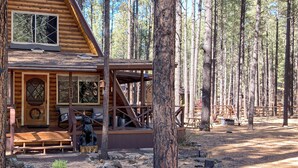 A wooden cabin with a porch, large windows, and a deck. - Fire Pit! A-frame Escape, 33 Mi to Sunrise Park (Pinetop)
