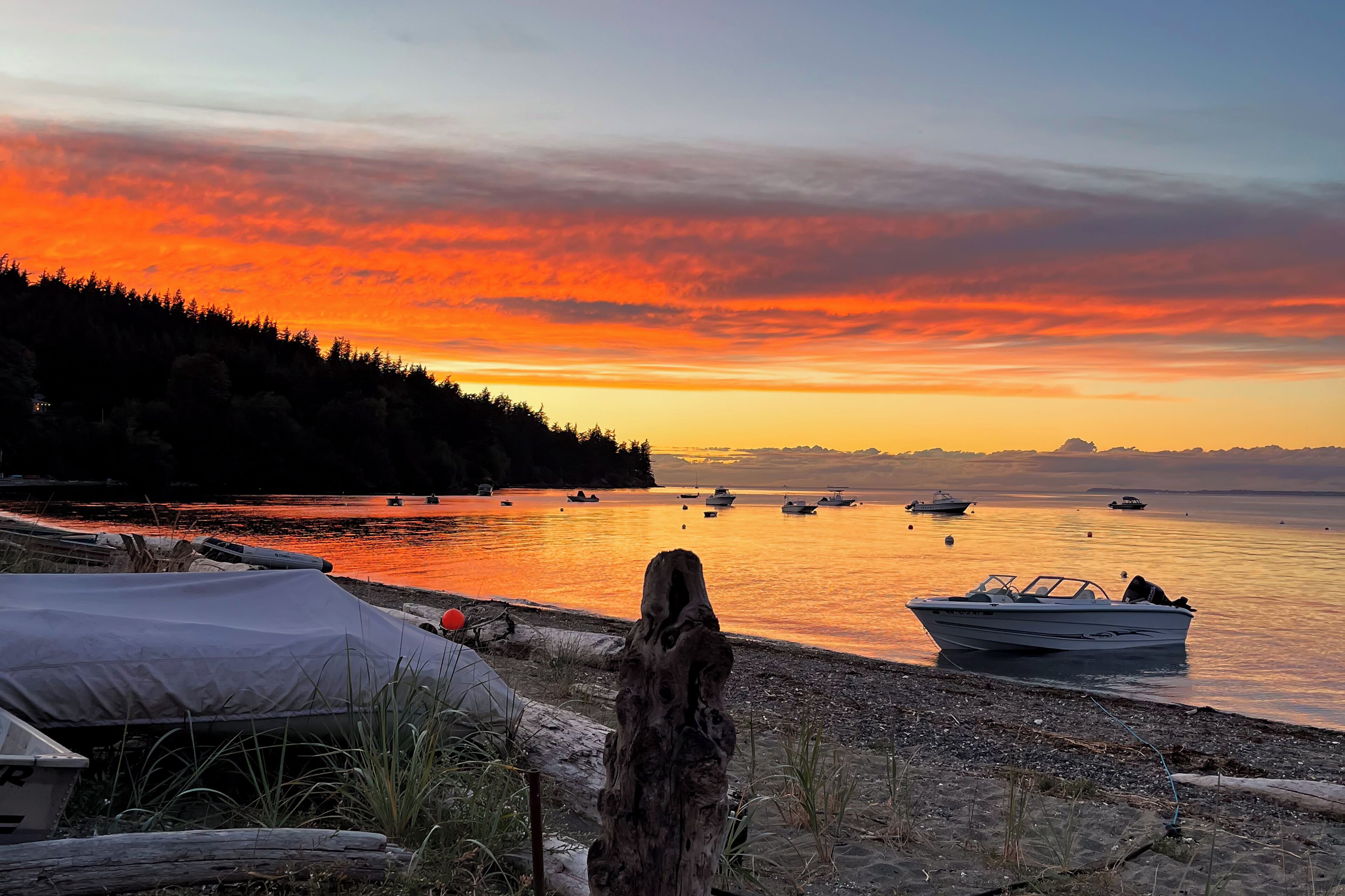 Une scène paisible au bord d’un lac, au coucher du soleil, avec des bateaux sur l’eau et une rive bordée d’arbres.