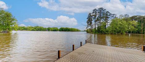 A wooden dock extending into a calm body of water, surrounded by lush greenery and tall trees under a partly cloudy sky.