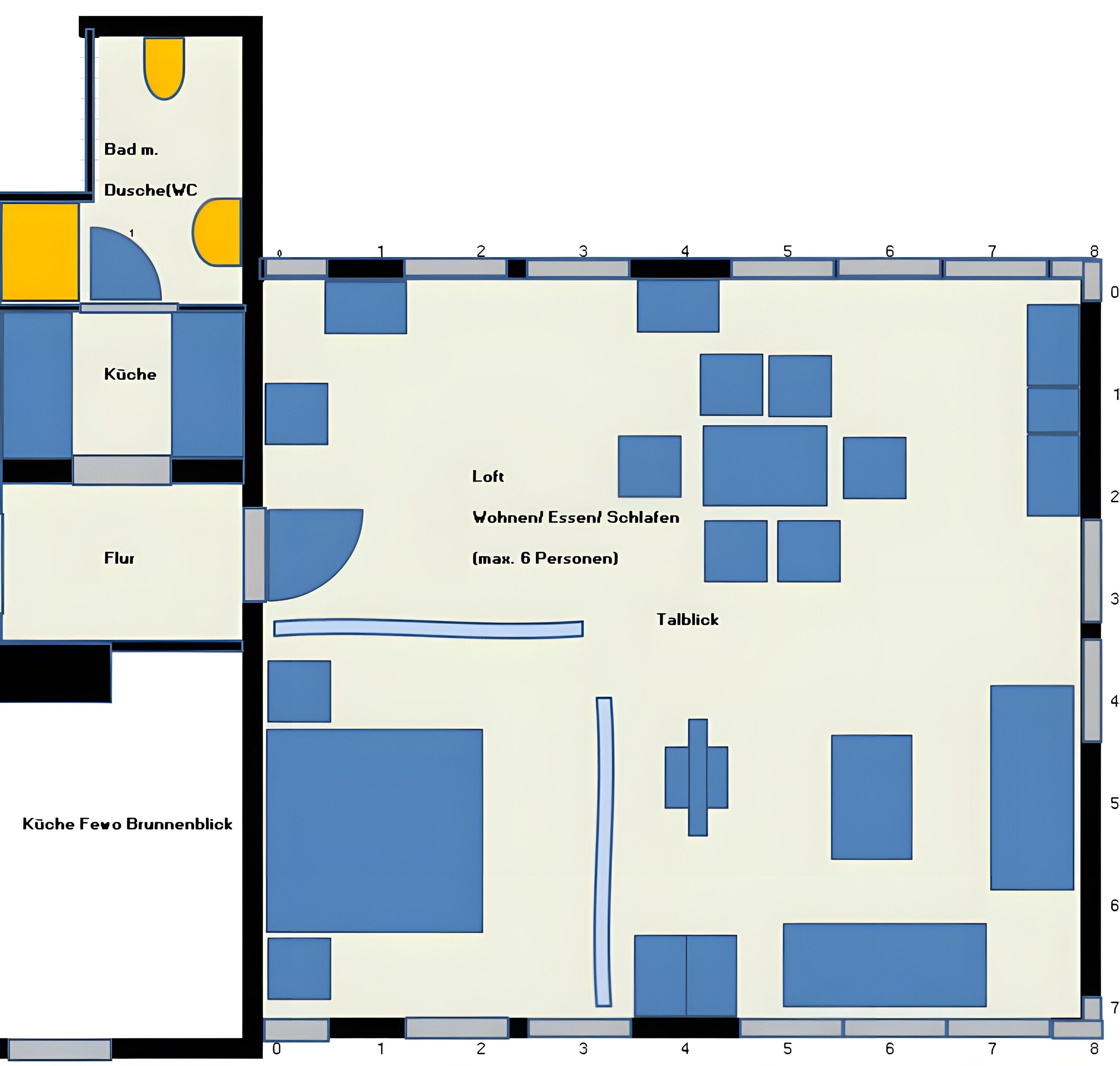 A hotel layout with a kitchen, dining area, living room, and a balcony.