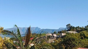 Un quartier résidentiel avec des maisons, des palmiers et des montagnes en arrière-plan.
