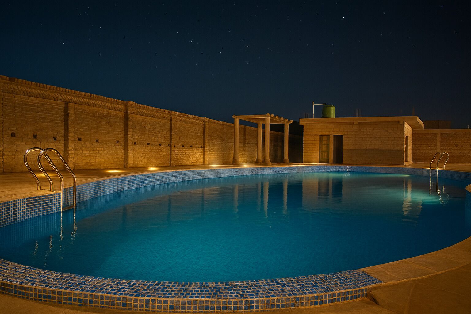 A swimming pool with a tiled edge, metal ladders, and a brick wall in the background.