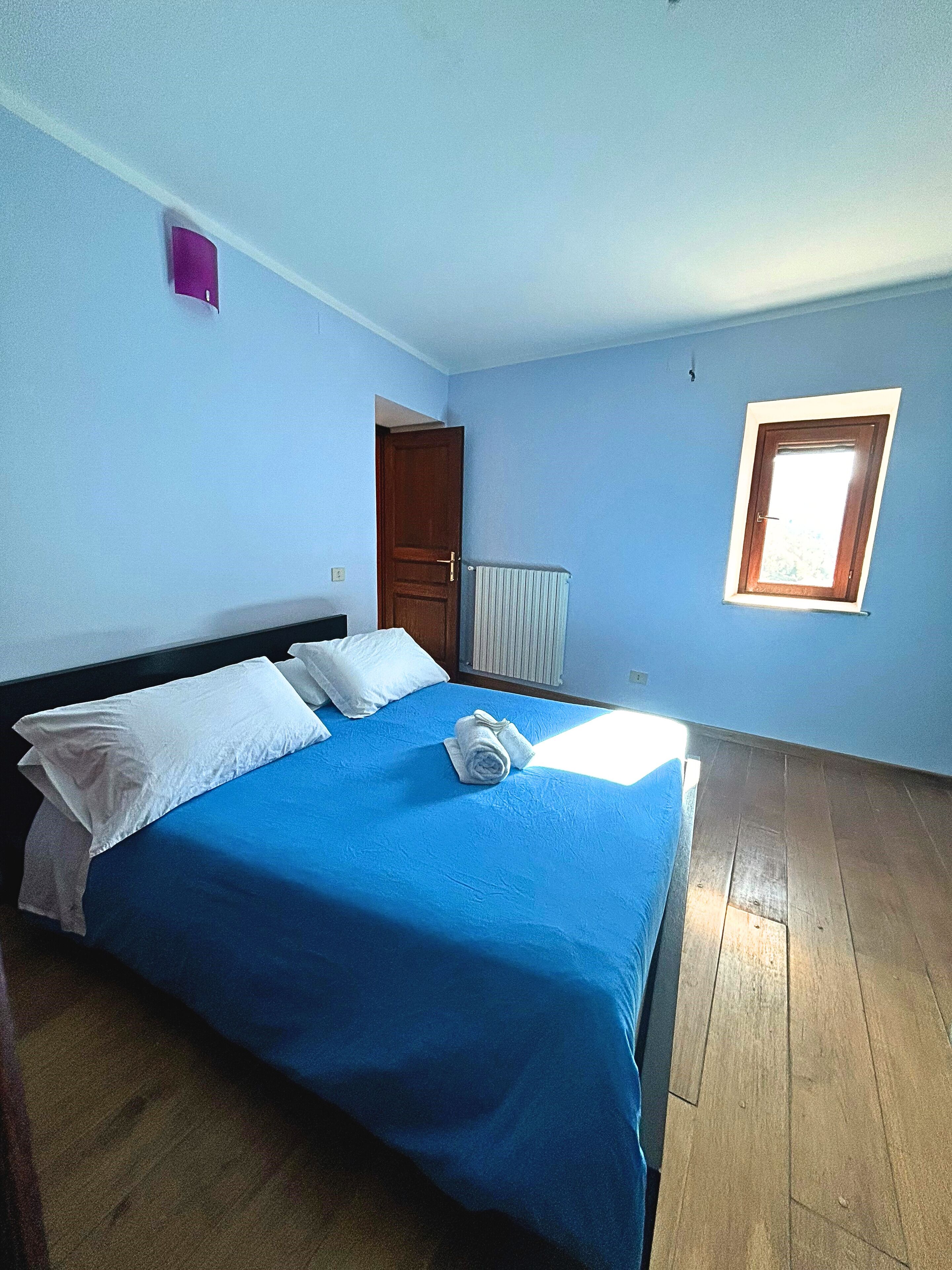 A room with a bed, a window, and a door.