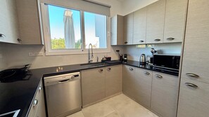 Family Villa, Pool View | Private kitchen | Full-size fridge, microwave, oven, stovetop - Sunrise Villa PrivatePool by TrulyCyprus (Pervolia)
