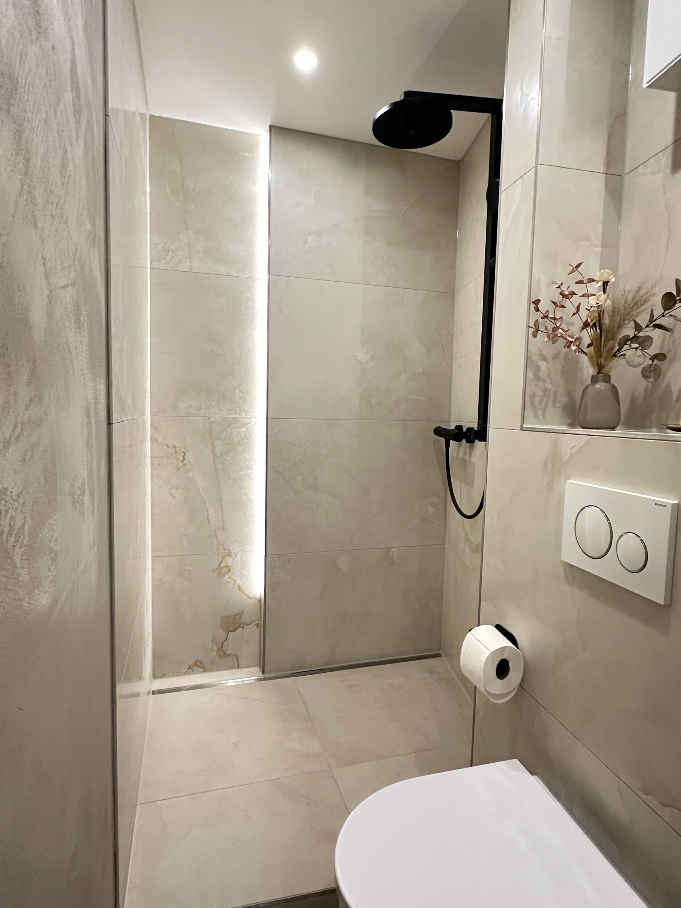 Shower, free toiletries, hair dryer, towels