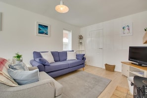 Ein modernes Wohnzimmer mit einem blauen Sofa, einem grauen Sessel, einem Flachbildfernseher auf einem Holzständer und einer weißen Tür.