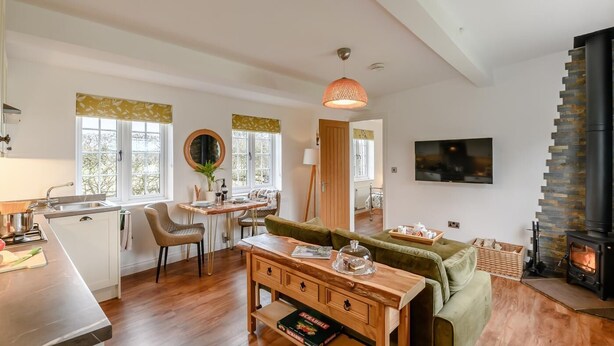Un salon chaleureux avec une cheminée, un coin repas avec une table et des chaises, et une cuisine équipée d’un évier et de placards.
